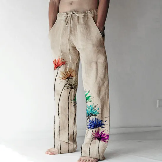 Best OUKU Men's Trousers Summer Pants Beach Pants Elastic Drawstring Design Front Pocket Straight Leg Graphic Prints Flower / Floral Comfort Soft Casual Daily For Vacation Linen Like Fabric Fashion Designer