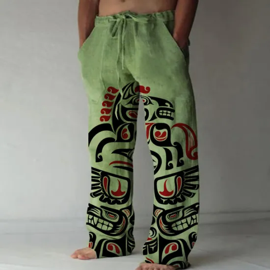 Online OUKU Men's Trousers Summer Pants Beach Pants Straight Drawstring Elastic Waist Front Pocket Abstract Graphic Prints Comfort Soft Casual Daily For Vacation Fashion Designer White Green