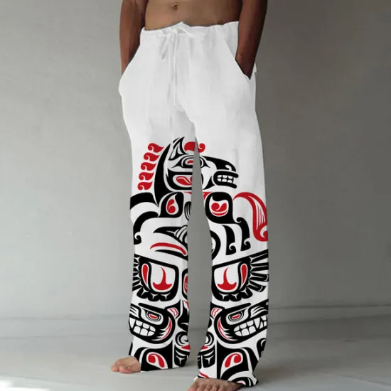 Online OUKU Men's Trousers Summer Pants Beach Pants Straight Drawstring Elastic Waist Front Pocket Abstract Graphic Prints Comfort Soft Casual Daily For Vacation Fashion Designer White Green