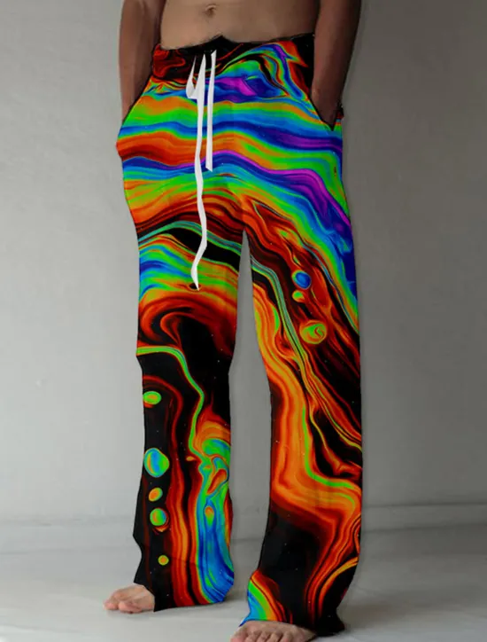 Sale OUKU Men's Trousers Summer Pants Beach Pants Drawstring Elastic Waist Straight Leg Abstract Graphic Prints Comfort Casual Daily Holiday Streetwear Designer Red Orange