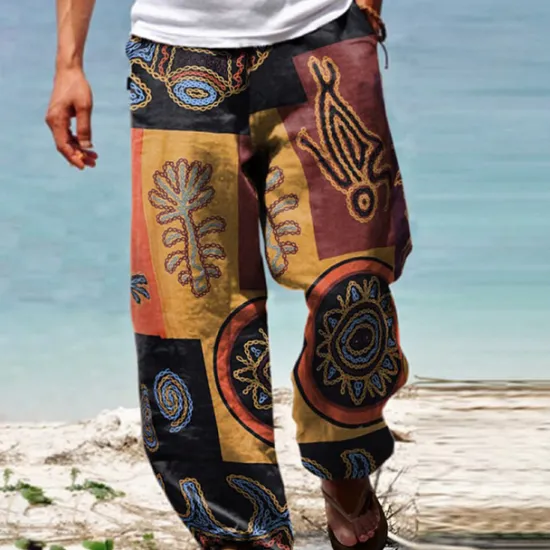 New OUKU Men's Trousers Summer Pants Baggy Beach Pants Drawstring Elastic Waist Graphic Patchwork Comfort Breathable Daily Beach Fashion Casual Yellow Blue Micro-elastic
