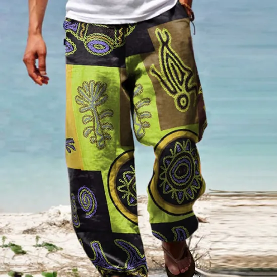 New OUKU Men's Trousers Summer Pants Baggy Beach Pants Drawstring Elastic Waist Graphic Patchwork Comfort Breathable Daily Beach Fashion Casual Yellow Blue Micro-elastic