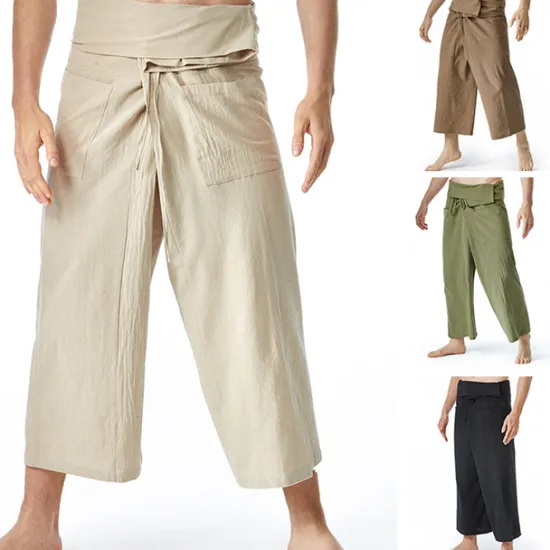OUKU Men's Trousers Summer Pants Baggy Pants Beach Pants Pocket Drawstring Solid Color Breathable Soft Full Length Yoga Casual Folk Style Loose Black Army Green Inelastic