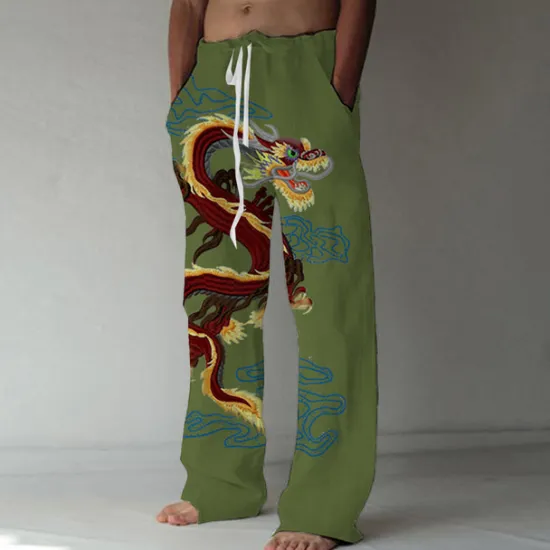 Best OUKU Men's Trousers Summer Pants Beach Pants Elastic Drawstring Design Front Pocket Straight Leg Dragon Graphic Prints Comfort Soft Casual Daily Fashion Big and Tall White Green