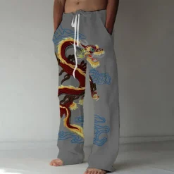 Best OUKU Men's Trousers Summer Pants Beach Pants Elastic Drawstring Design Front Pocket Straight Leg Dragon Graphic Prints Comfort Soft Casual Daily Fashion Big and Tall White Green