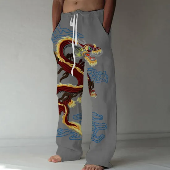 Best OUKU Men's Trousers Summer Pants Beach Pants Elastic Drawstring Design Front Pocket Straight Leg Dragon Graphic Prints Comfort Soft Casual Daily Fashion Big and Tall White Green