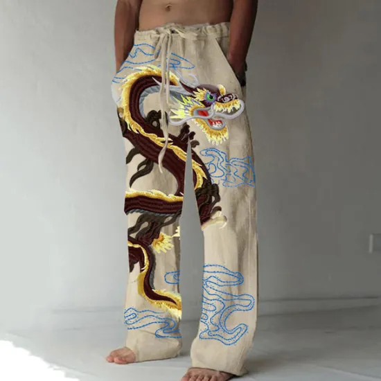 Best OUKU Men's Trousers Summer Pants Beach Pants Elastic Drawstring Design Front Pocket Straight Leg Dragon Graphic Prints Comfort Soft Casual Daily Fashion Big and Tall White Green