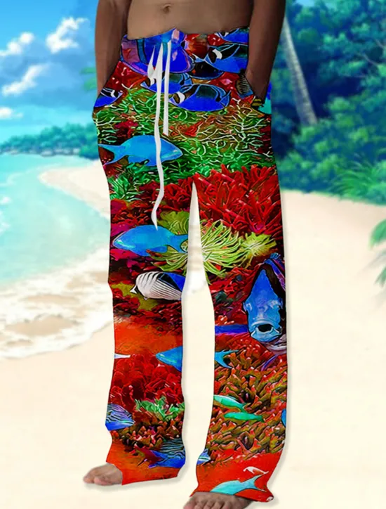 Online OUKU Men's Trousers Summer Pants Beach Pants Drawstring Elastic Waist Straight Leg Graphic Prints Fish Comfort Casual Daily Holiday Hawaiian Designer Red Blue