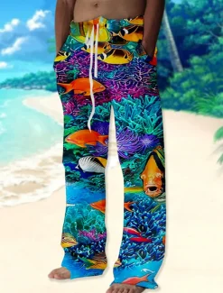 Online OUKU Men's Trousers Summer Pants Beach Pants Drawstring Elastic Waist Straight Leg Graphic Prints Fish Comfort Casual Daily Holiday Hawaiian Designer Red Blue