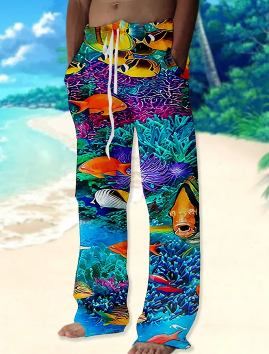Online OUKU Men's Trousers Summer Pants Beach Pants Drawstring Elastic Waist Straight Leg Graphic Prints Fish Comfort Casual Daily Holiday Hawaiian Designer Red Blue