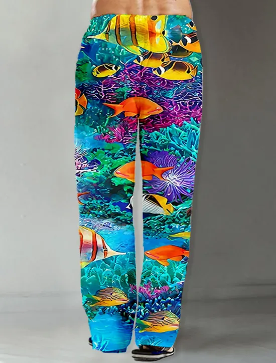 Online OUKU Men's Trousers Summer Pants Beach Pants Drawstring Elastic Waist Straight Leg Graphic Prints Fish Comfort Casual Daily Holiday Hawaiian Designer Red Blue