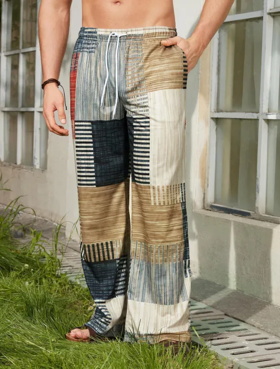 Clearance OUKU Men's Trousers Summer Pants Beach Pants Drawstring Elastic Waist 3D Print Stripe Graphic Prints Geometry Comfort Casual Daily Holiday Streetwear Hawaiian Yellow Blue