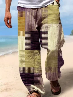 Clearance OUKU Men's Trousers Summer Pants Beach Pants Drawstring Elastic Waist 3D Print Stripe Graphic Prints Geometry Comfort Casual Daily Holiday Streetwear Hawaiian Yellow Blue