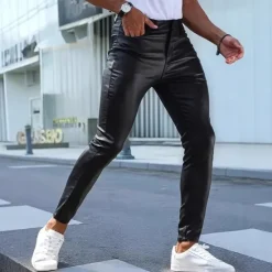 Outlet OUKU Men's Trousers Summer Pants Faux Leather Shorts Pocket Plain Comfort Breathable Vacation Streetwear Stylish Athleisure Black