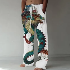 Clearance OUKU Men's Trousers Summer Pants Beach Pants Drawstring Elastic Waist Front Pocket Dragon Graphic Prints Comfort Soft Casual Daily Fashion Designer White Green