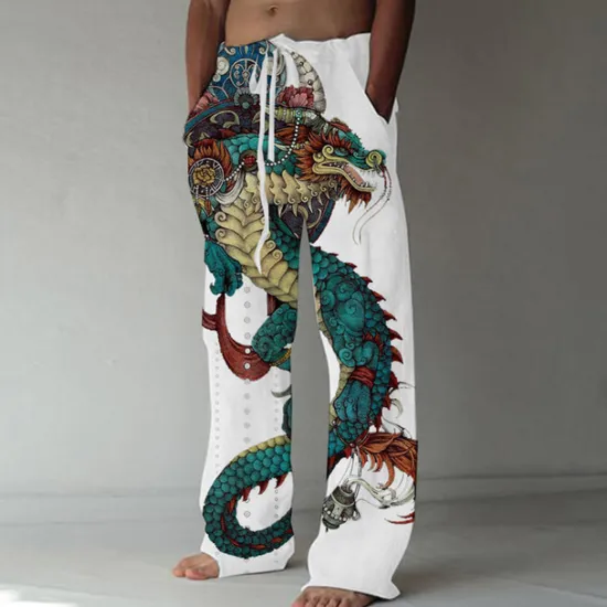 Clearance OUKU Men's Trousers Summer Pants Beach Pants Drawstring Elastic Waist Front Pocket Dragon Graphic Prints Comfort Soft Casual Daily Fashion Designer White Green