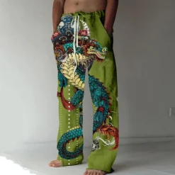 Clearance OUKU Men's Trousers Summer Pants Beach Pants Drawstring Elastic Waist Front Pocket Dragon Graphic Prints Comfort Soft Casual Daily Fashion Designer White Green
