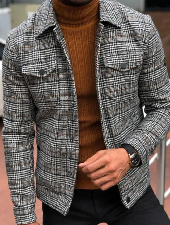 Outlet OUKU Men's Trucker Jacket Casual Jacket Daily Going out Windproof Warm Pocket Fall Winter Plaid / Check Streetwear Casual Turndown Regular Regular Fit Jacket Gray
