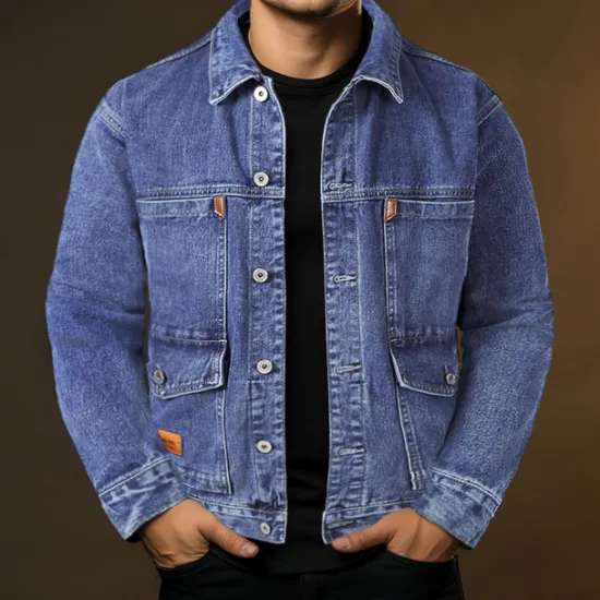 Discount OUKU Men's Trucker Jacket Denim Jacket Outdoor Daily Wear Windproof Pocket Spring & Fall Plain Fashion Streetwear Lapel Regular Denim Black Blue Gray Jacket