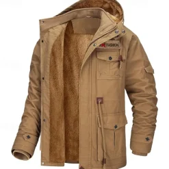 Discount OUKU Men's Trucker Jacket Fleece Jacket Cargo Jacket Hoodie Jacket Vacation Daily Thermal Warm Pocket Fleece Fall & Winter Plain Fashion Streetwear Hooded Regular Black Brown Army Green Jacket