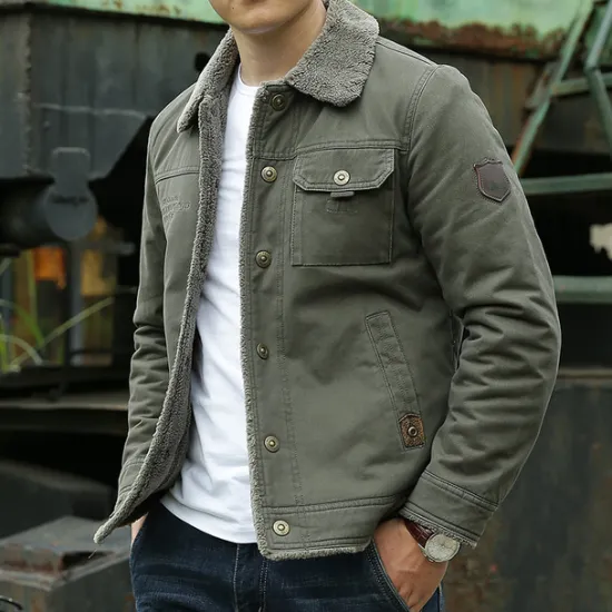 Outlet OUKU Men's Trucker Jacket Jacket Outdoor Daily Wear Warm Button Pocket Fall Winter Plain Fashion Streetwear Lapel Regular Black Khaki Army Green Jacket