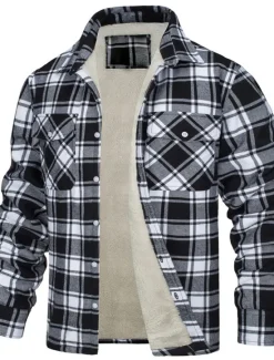 Sale OUKU Men's Trucker Jacket Shirt Jacket Casual Jacket Shacket Outdoor Daily Wear Warm Fall Winter Plaid Fashion Streetwear Lapel Regular Black Wine Blue Orange Green Jacket