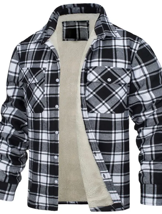 Sale OUKU Men's Trucker Jacket Shirt Jacket Casual Jacket Shacket Outdoor Daily Wear Warm Fall Winter Plaid Fashion Streetwear Lapel Regular Black Wine Blue Orange Green Jacket