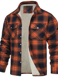 Sale OUKU Men's Trucker Jacket Shirt Jacket Casual Jacket Shacket Outdoor Daily Wear Warm Fall Winter Plaid Fashion Streetwear Lapel Regular Black Wine Blue Orange Green Jacket