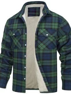 Sale OUKU Men's Trucker Jacket Shirt Jacket Casual Jacket Shacket Outdoor Daily Wear Warm Fall Winter Plaid Fashion Streetwear Lapel Regular Black Wine Blue Orange Green Jacket