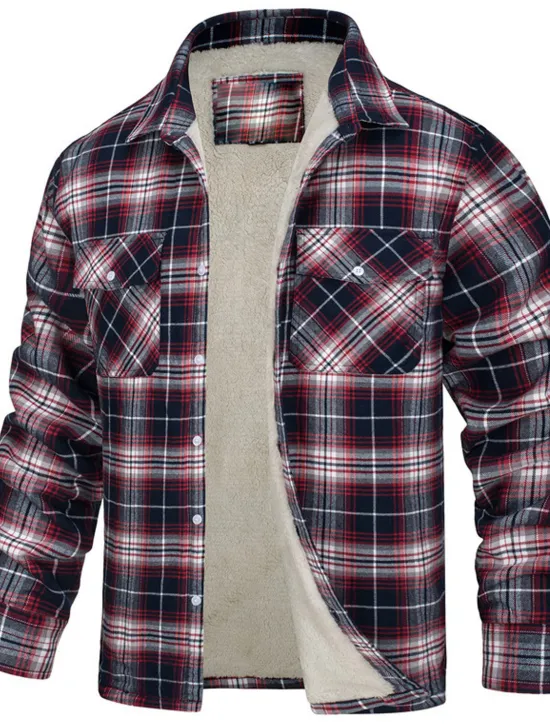 Sale OUKU Men's Trucker Jacket Shirt Jacket Casual Jacket Shacket Outdoor Daily Wear Warm Fall Winter Plaid Fashion Streetwear Lapel Regular Black Wine Blue Orange Green Jacket
