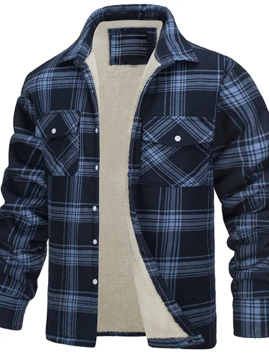 Sale OUKU Men's Trucker Jacket Shirt Jacket Casual Jacket Shacket Outdoor Daily Wear Warm Fall Winter Plaid Fashion Streetwear Lapel Regular Black Wine Blue Orange Green Jacket