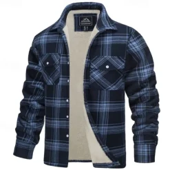 New OUKU Men's Trucker Jacket Shirt Jacket Shacket Flannel Fleece Jacket Outdoor Daily Wear Warm Buttons Pocket Fall Winter Color Block Fashion Streetwear Lapel Regular Pinky Black Navy Blue Blue Green Jacket
