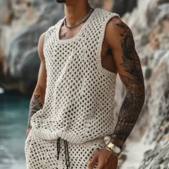 Discount OUKU Men's T-shirt Suits 2 Piece Summer Tracksuit Set Casual Sleeveless Suit Crew Neck Summer Knitwear Bohemia Vacation Knitted Vacation Black Brown Beige Top Tee for Men