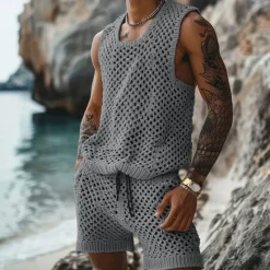 Discount OUKU Men's T-shirt Suits 2 Piece Summer Tracksuit Set Casual Sleeveless Suit Crew Neck Summer Knitwear Bohemia Vacation Knitted Vacation Black Brown Beige Top Tee for Men