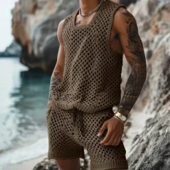 Discount OUKU Men's T-shirt Suits 2 Piece Summer Tracksuit Set Casual Sleeveless Suit Crew Neck Summer Knitwear Bohemia Vacation Knitted Vacation Black Brown Beige Top Tee for Men