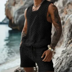 Discount OUKU Men's T-shirt Suits 2 Piece Summer Tracksuit Set Casual Sleeveless Suit Crew Neck Summer Knitwear Bohemia Vacation Knitted Vacation Black Brown Beige Top Tee for Men