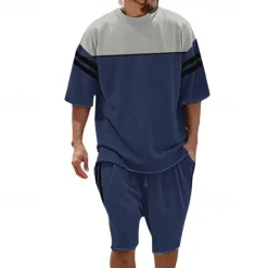 Hot OUKU Men's T-shirt Suits 2 Pieces Outfits Tee & Shorts Short Sleeve Crew Neck Summer Color Block Fashion Casual 2 Piece Vacation Daily Wear Going out Black Blue Green Top Tee for Men
