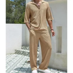 Hot OUKU Men's T-shirt Suits 2 Pieces Outfits Tee & Shorts Short Sleeve Turndown Summer Plain Fashion Casual 2 Piece Vacation Daily Wear Going out Black Blue Brown Top Tee for Men