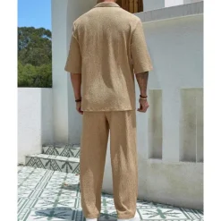 Hot OUKU Men's T-shirt Suits 2 Pieces Outfits Tee & Shorts Short Sleeve Turndown Summer Plain Fashion Casual 2 Piece Vacation Daily Wear Going out Black Blue Brown Top Tee for Men