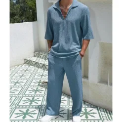 Hot OUKU Men's T-shirt Suits 2 Pieces Outfits Tee & Shorts Short Sleeve Turndown Summer Plain Fashion Casual 2 Piece Vacation Daily Wear Going out Black Blue Brown Top Tee for Men