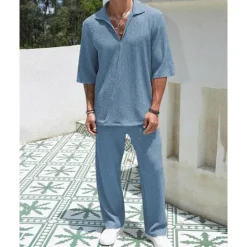 Hot OUKU Men's T-shirt Suits 2 Pieces Outfits Tee & Shorts Short Sleeve Turndown Summer Plain Fashion Casual 2 Piece Vacation Daily Wear Going out Black Blue Brown Top Tee for Men