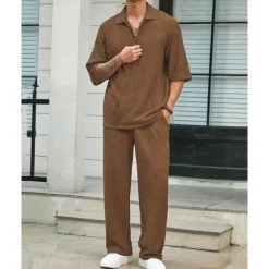 Hot OUKU Men's T-shirt Suits 2 Pieces Outfits Tee & Shorts Short Sleeve Turndown Summer Plain Fashion Casual 2 Piece Vacation Daily Wear Going out Black Blue Brown Top Tee for Men
