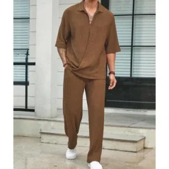 Hot OUKU Men's T-shirt Suits 2 Pieces Outfits Tee & Shorts Short Sleeve Turndown Summer Plain Fashion Casual 2 Piece Vacation Daily Wear Going out Black Blue Brown Top Tee for Men