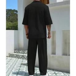 Hot OUKU Men's T-shirt Suits 2 Pieces Outfits Tee & Shorts Short Sleeve Turndown Summer Plain Fashion Casual 2 Piece Vacation Daily Wear Going out Black Blue Brown Top Tee for Men