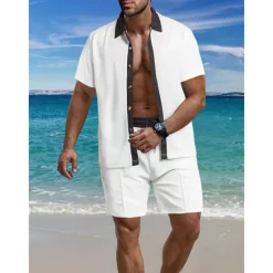Outlet OUKU Men's T-shirt Suits 2 Pieces Outfits Tee & Shorts Short Sleeve Lapel Summer Color Block Fashion Casual 2 Piece Vacation Daily Wear Going out Black White Wine Top Tee for Men