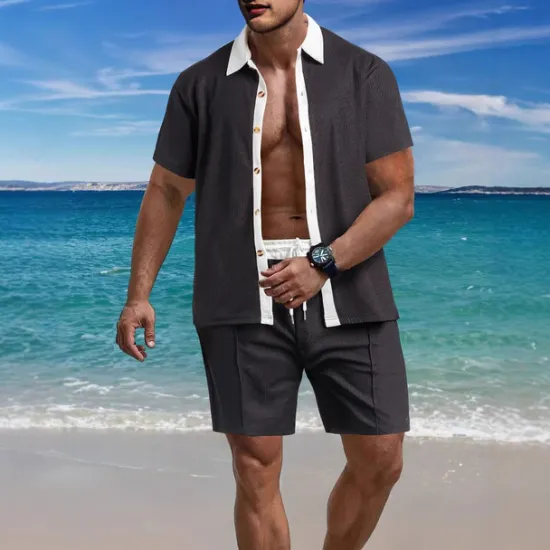 Outlet OUKU Men's T-shirt Suits 2 Pieces Outfits Tee & Shorts Short Sleeve Lapel Summer Color Block Fashion Casual 2 Piece Vacation Daily Wear Going out Black White Wine Top Tee for Men