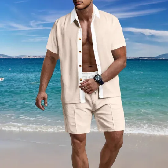 Outlet OUKU Men's T-shirt Suits 2 Pieces Outfits Tee & Shorts Short Sleeve Lapel Summer Color Block Fashion Casual 2 Piece Vacation Daily Wear Going out Black White Wine Top Tee for Men