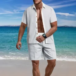 Outlet OUKU Men's T-shirt Suits 2 Pieces Outfits Tee & Shorts Short Sleeve Lapel Summer Color Block Fashion Casual 2 Piece Vacation Daily Wear Going out Black White Wine Top Tee for Men