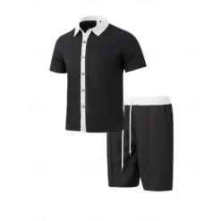 Outlet OUKU Men's T-shirt Suits 2 Pieces Outfits Tee & Shorts Short Sleeve Lapel Summer Color Block Fashion Casual 2 Piece Vacation Daily Wear Going out Black White Wine Top Tee for Men