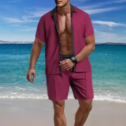 Outlet OUKU Men's T-shirt Suits 2 Pieces Outfits Tee & Shorts Short Sleeve Lapel Summer Color Block Fashion Casual 2 Piece Vacation Daily Wear Going out Black White Wine Top Tee for Men